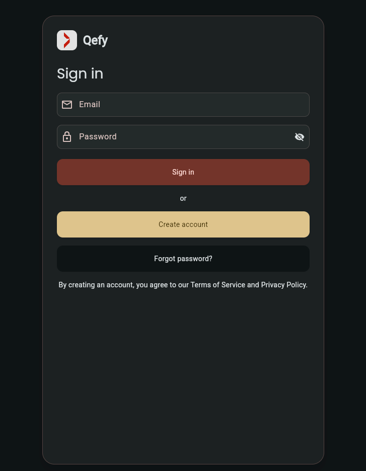 Qefy web app sign-in screen with Email and Password fields