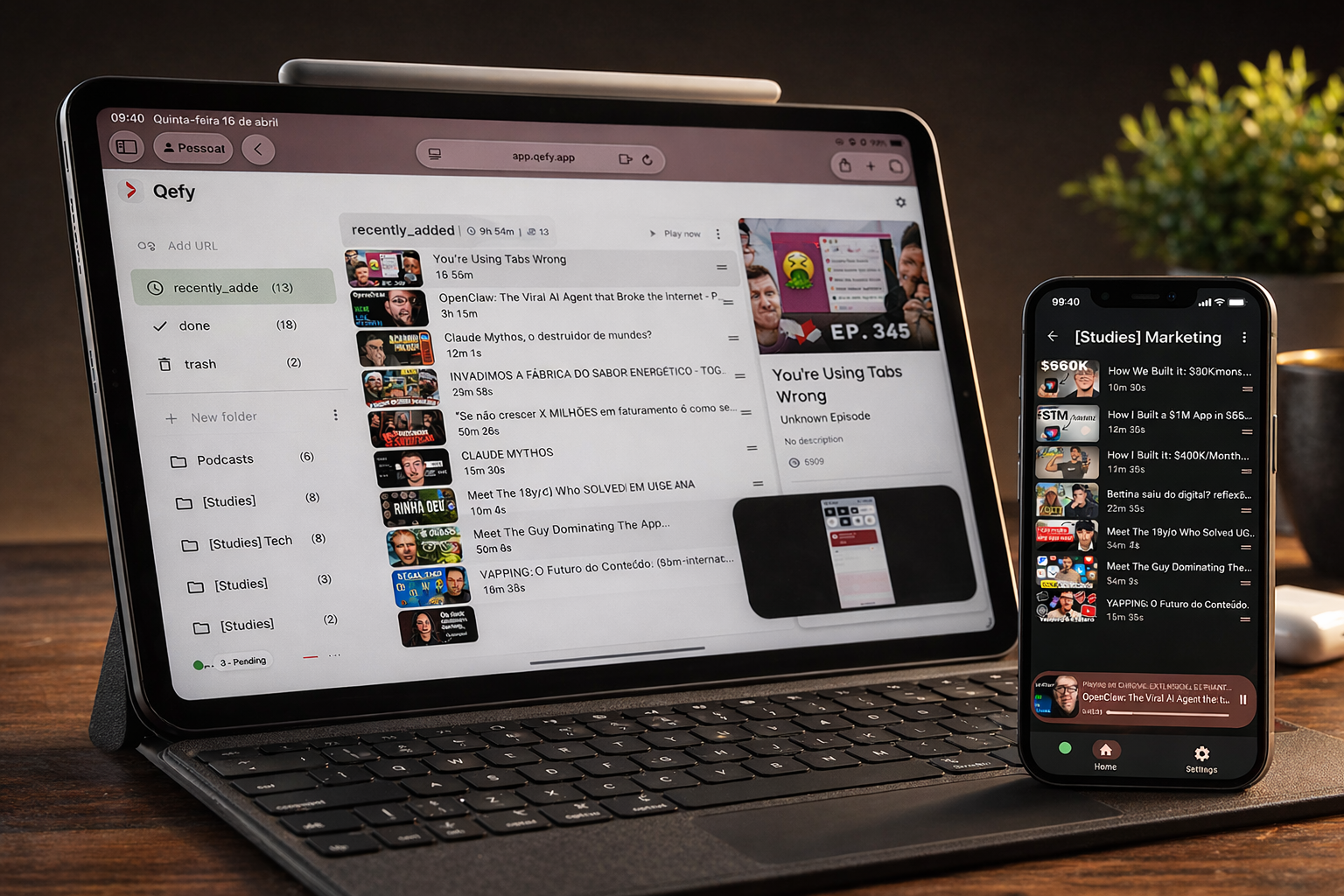 Qefy web app on iPad and iPhone showing folders and saved media list
