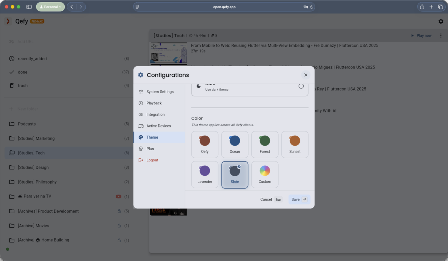 Qefy configurations with the Theme tab selected, showing light and dark mode choices and accent color swatches