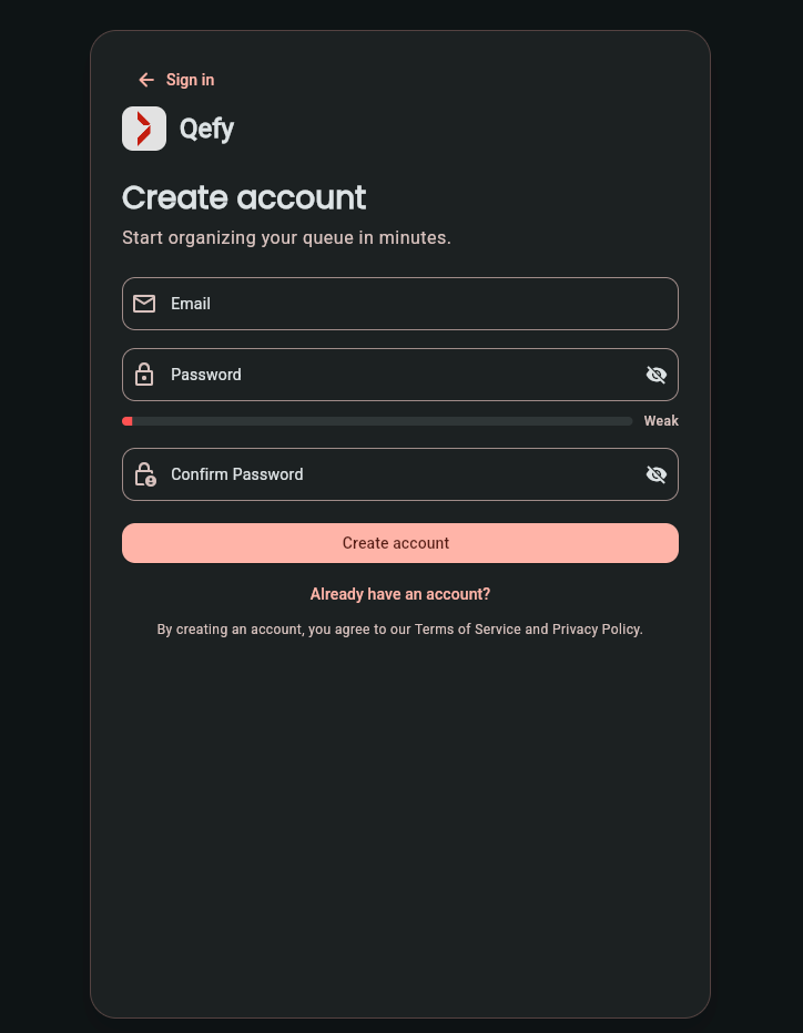 Qefy web app sign-up screen with email and password fields