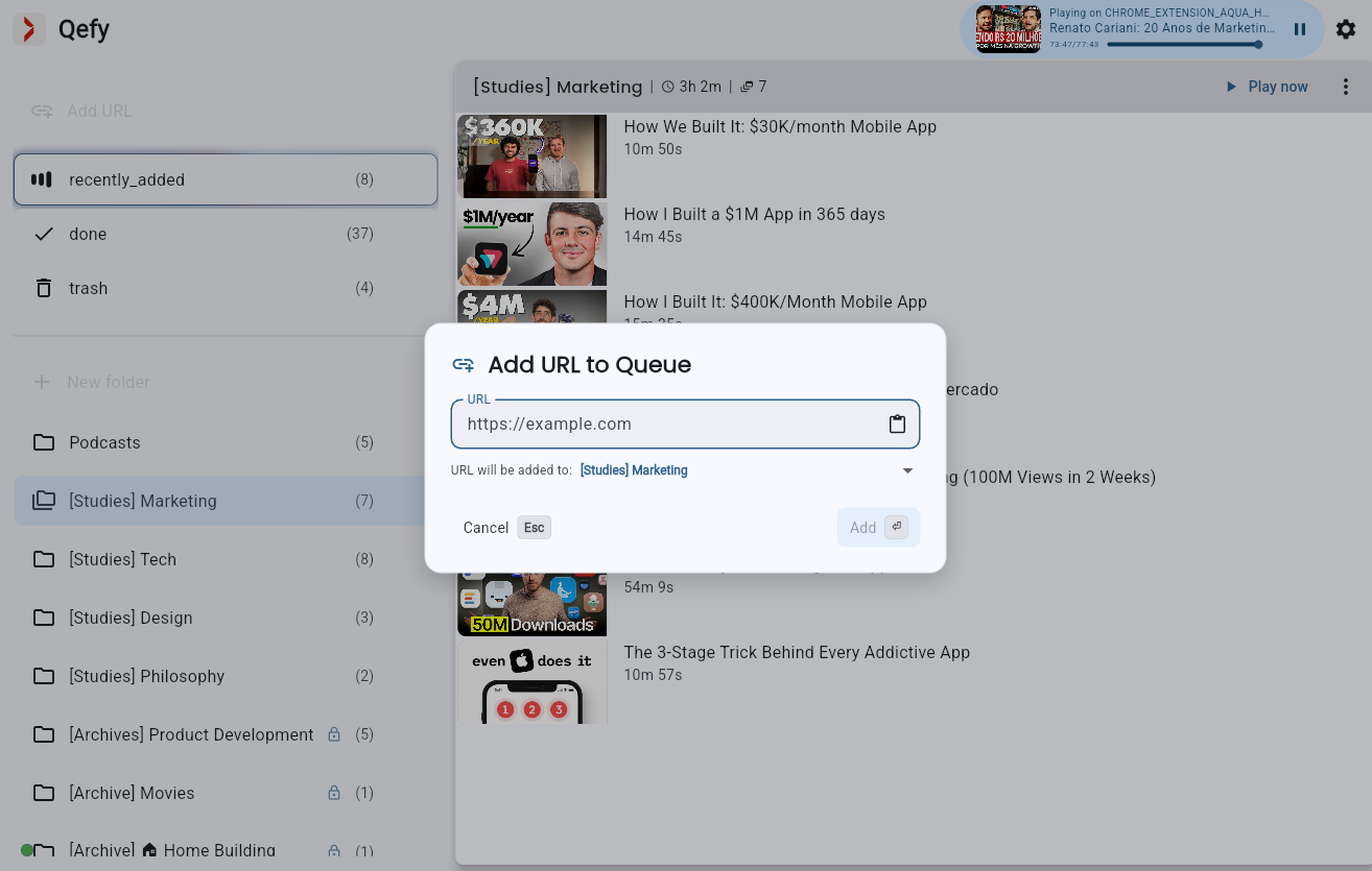 Qefy web app: Add URL to Queue dialog with link field, clipboard, and destination folder
