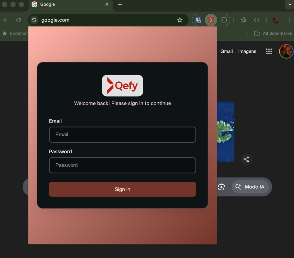 Qefy Chrome extension popup with email, password, and Sign in after clicking the toolbar icon