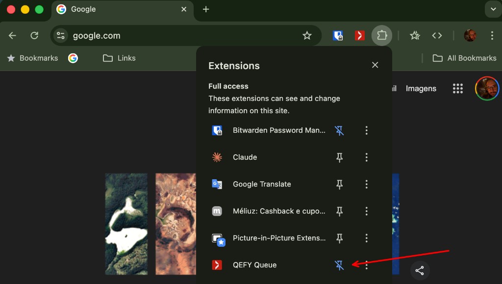 Chrome Extensions menu with QEFY Queue and the pin icon highlighted to pin the extension